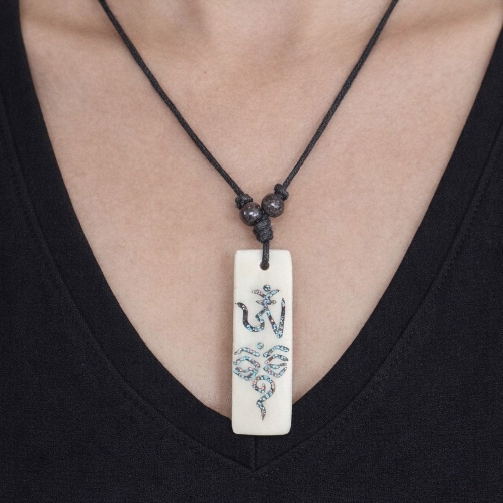Vintage Carved Om Pendant Necklace Turquoise Inlay Rectangular